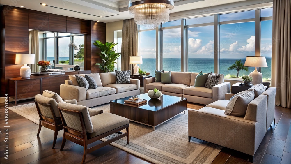 Elegant Boca Raton living room with rich brown tones, sleek modern furniture, and stunning ocean-inspired accents, Elegant Boca Raton living room with rich brown tones, sleek modern furniture, and stunning ocean-inspired accents,