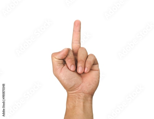 Male hands making the Fuck You symbol gesture, isolated on white background.