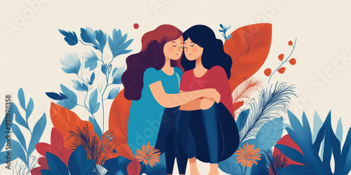 Supportive women embrace in colorful, floral setting, symbolizing friendship and emotional connection. This illustration captures essence of community and compassion