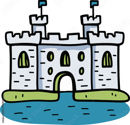 Colorful Vector of a Cartoon Castle with Water Background