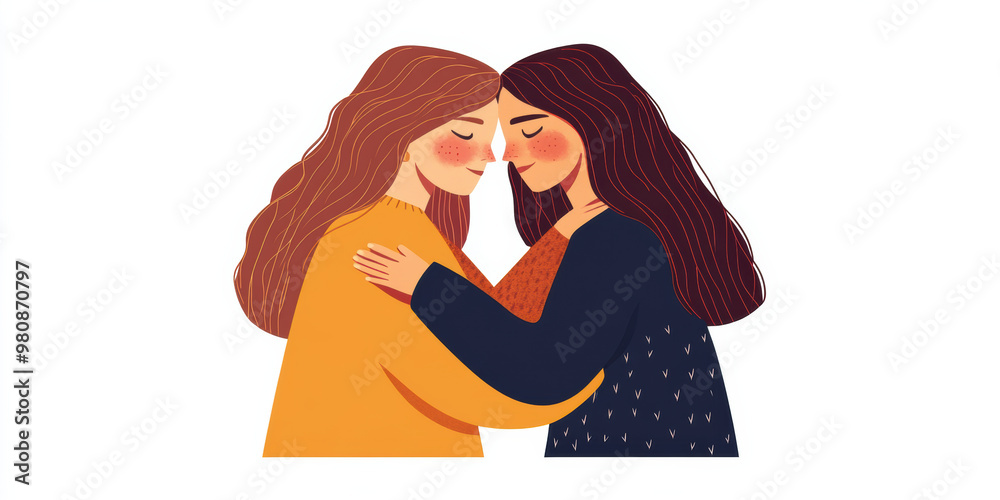 Fototapeta premium Women support women suffering from depression, showcasing empathy and connection. This illustration captures emotional bond and solidarity between two women