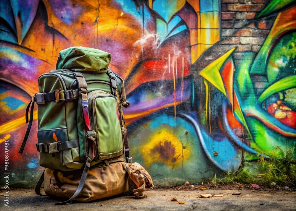 Fototapeta premium Vibrant graffiti art depiction of an open backpack spilling out gear in bold colors, blending urban edge with wilderness spirit on a textured wall backdrop.