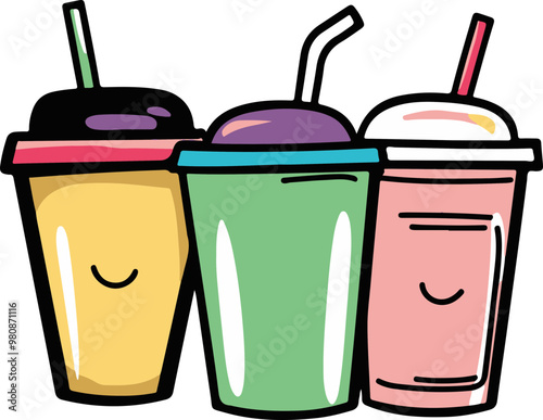 Colorful Vector Drinks with Straws and Smiling Faces