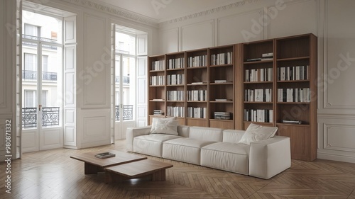 Parisian minimalist living room design with a sofa and bookcase on parquet flooring, French windows, and classic white paneling walls.