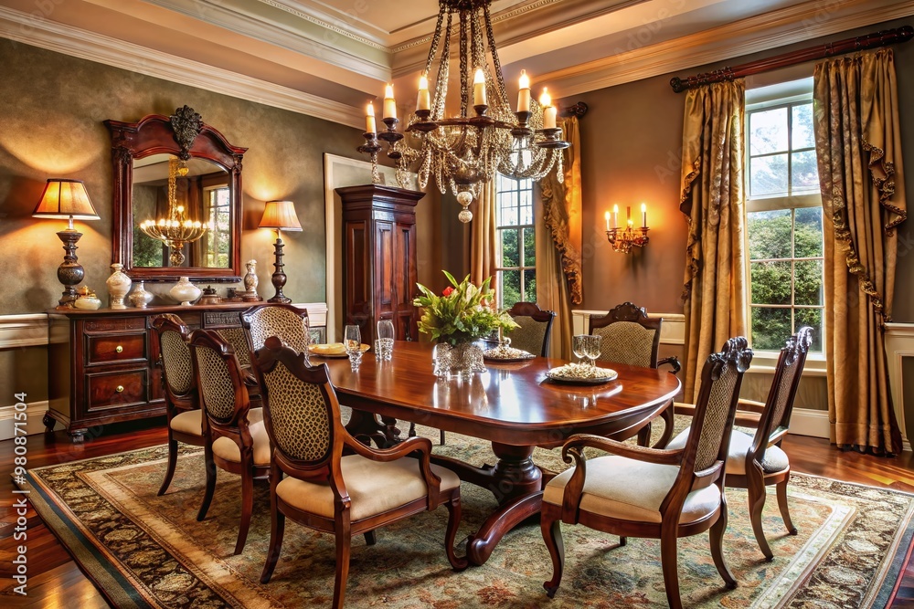 Fototapeta premium Elegant dining room features richly stained wooden furniture, ornate chandelier, and lavish fabrics, evoking classic