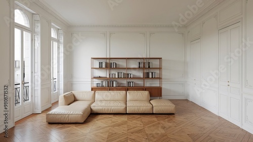 Parisian minimalist living room design with a sofa and bookcase on parquet flooring, French windows, and classic white paneling walls.