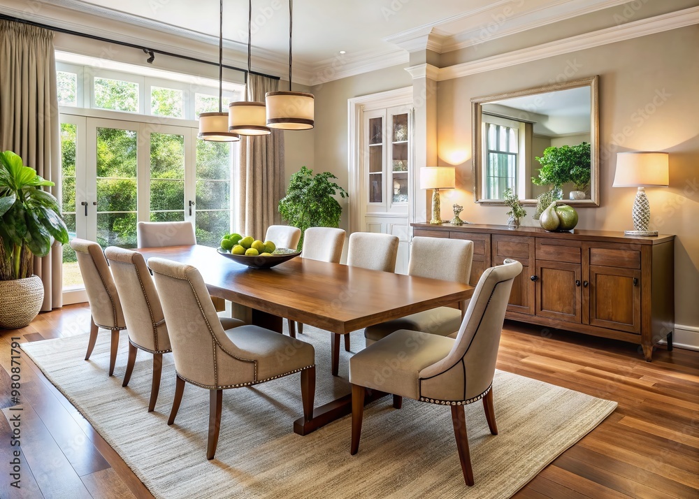 Elegant dining room set with sturdy wooden table, comfortable upholstered chairs, and sleek buffet, perfectly arranged Elegant dining room set with sturdy wooden table, comfortable upholstered chairs, and sleek buffet, perfectly arranged
