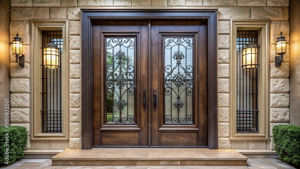 Elegant double front doors with ornate metal frame, large glass inserts, and sleek hardware, set against a Elegant double front doors with ornate metal frame, large glass inserts, and sleek hardware, set against a