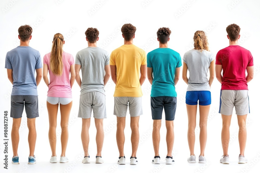 Fototapeta premium Group of atheletes looking on blank wall back clothing standing.