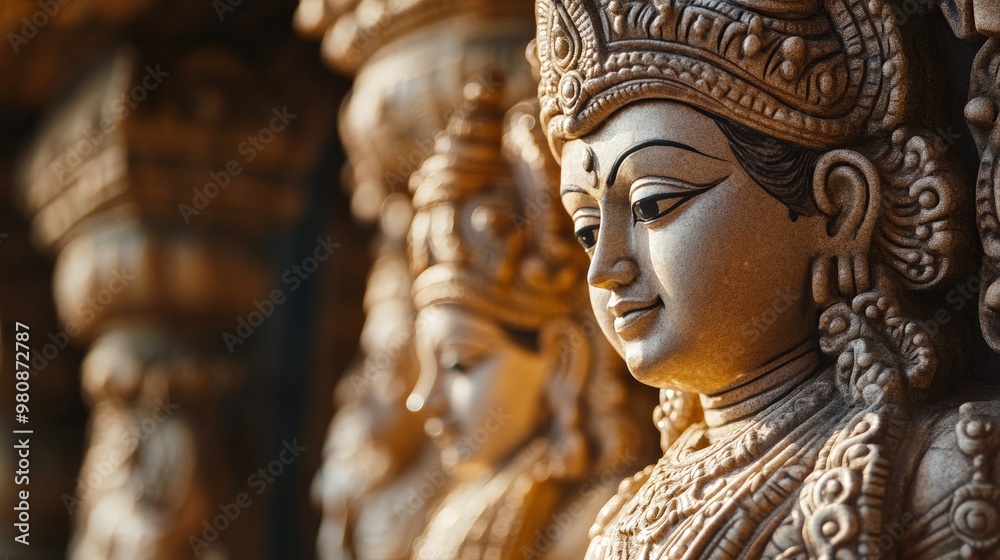 A close-up of intricate carvings and statues inside a Hindu temple, illuminated by natural light A close-up of intricate carvings and statues inside a Hindu temple, illuminated by natural light