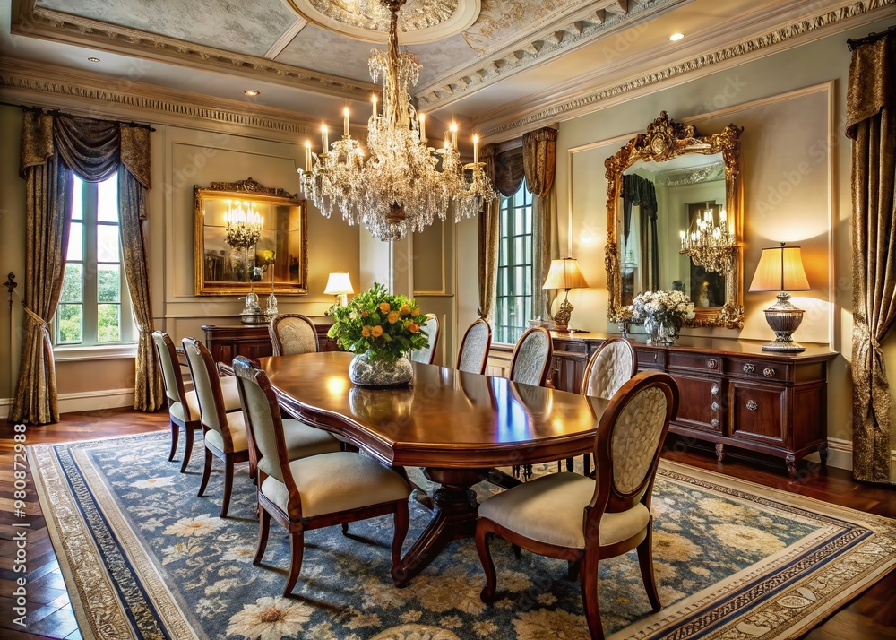 Elegant formal dining room with crystal chandelier, ornate mirrors, and richly patterned carpet, showcasing refined Elegant formal dining room with crystal chandelier, ornate mirrors, and richly patterned carpet, showcasing refined