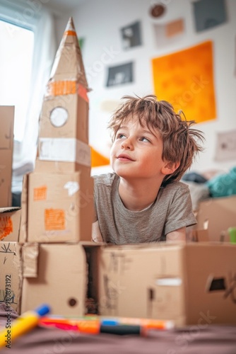 Playful young boy building and exploring with cardboard boxes in his bedroom