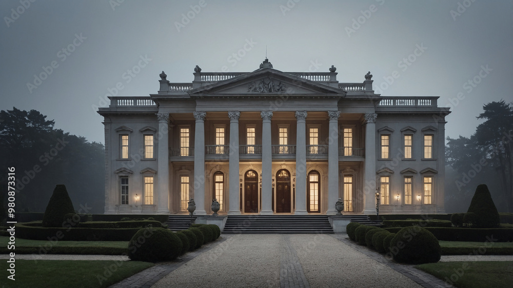 Fototapeta premium Luxurious grand mansion with columns and stairs under a foggy sky, surrounded by manicured gardens.
