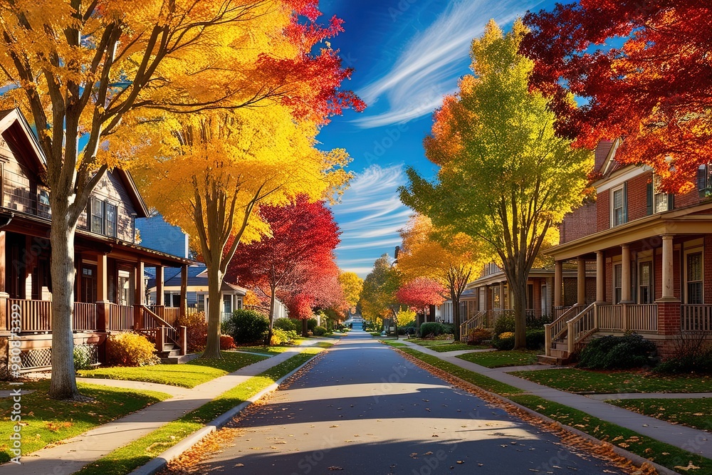 A vibrant colorful autumn scene on a serene residential neighborhood street, lined with tall deciduous trees adorned with golden, crimson, and amber leaves, casting a warm glow on the sidewalk and pav A vibrant colorful autumn scene on a serene residential neighborhood street, lined with tall deciduous trees adorned with golden, crimson, and amber leaves, casting a warm glow on the sidewalk and pav