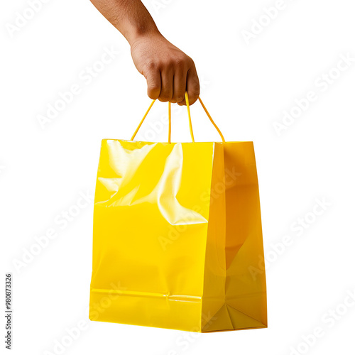 Woman holding paper shopping bag, shopping bag mockup, shopping bag isolated on transparent background