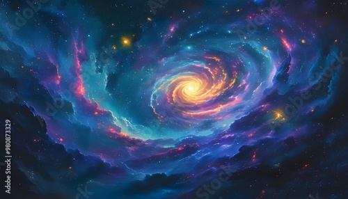 Vibrant Spiral Galaxy Surrounded by Luminous Nebulae and Sparkling Stars in the Infinite Cosmos