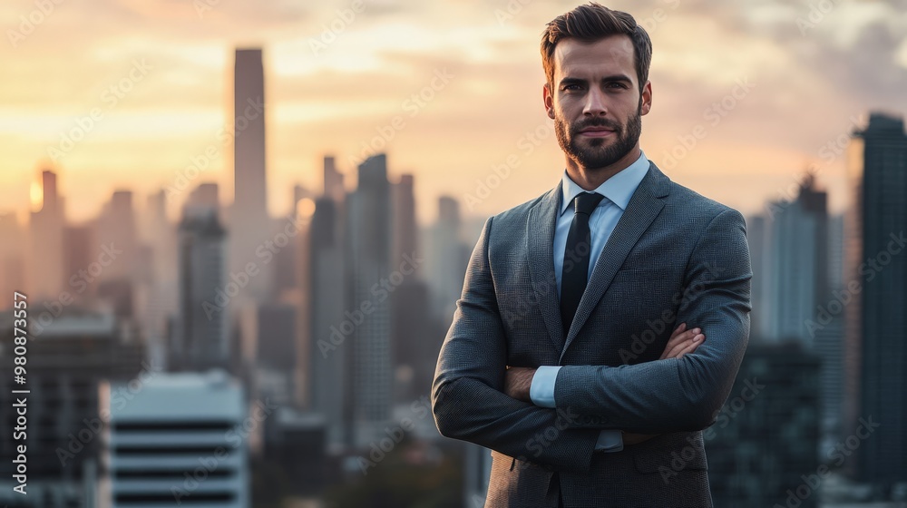 A confident businessman in a tailored suit, standing in front of a city skyline A confident businessman in a tailored suit, standing in front of a city skyline