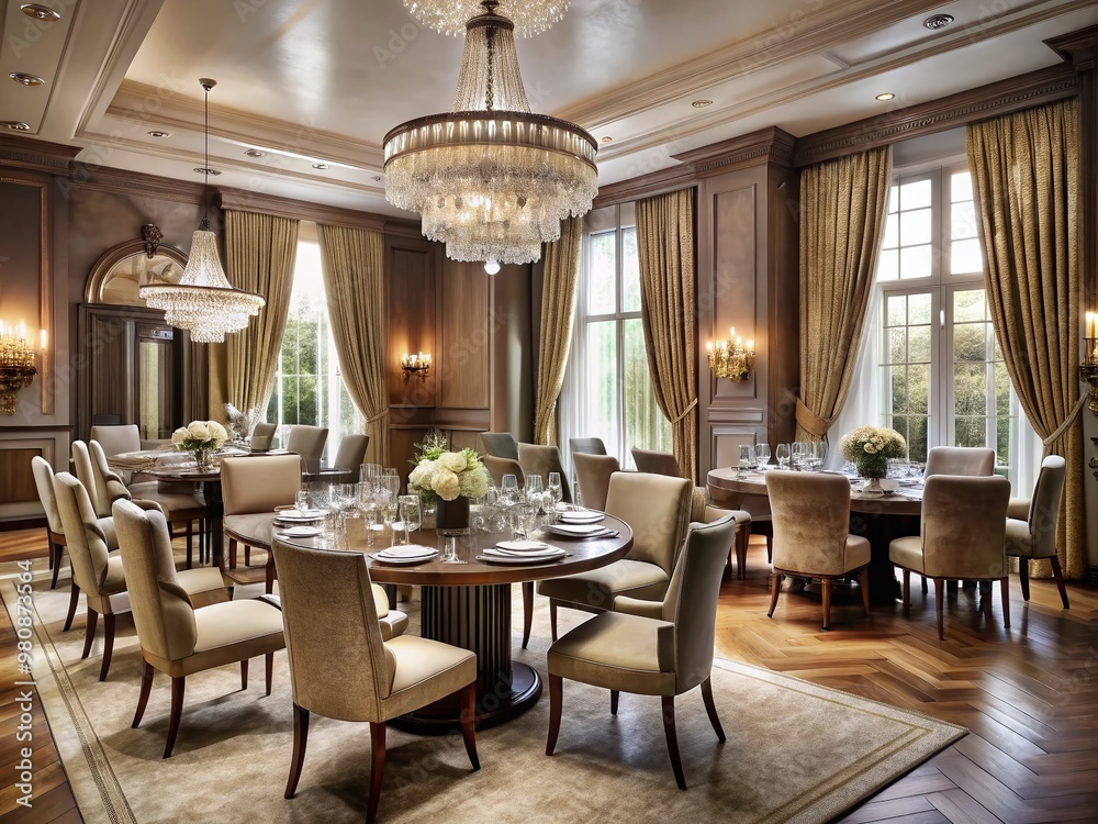 Elegant hotel dining room with lavish wooden tables, plush velvet chairs, and sparkling chandeliers, set against a Elegant hotel dining room with lavish wooden tables, plush velvet chairs, and sparkling chandeliers, set against a