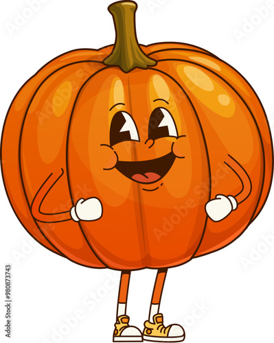 Cartoon groovy pumpkin thanksgiving character with a joyful expression, embodying the festive autumnal spirit. Isolated vector ripe fresh holiday pumpkin personage, playful festive greeting decoration