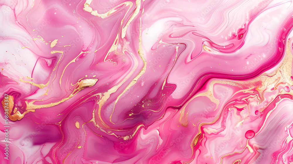 Abstract marble stone with ink liquid fluid paint, pink petals, blossom flower swirls, and gold-painted lines Abstract marble stone with ink liquid fluid paint, pink petals, blossom flower swirls, and gold-painted lines