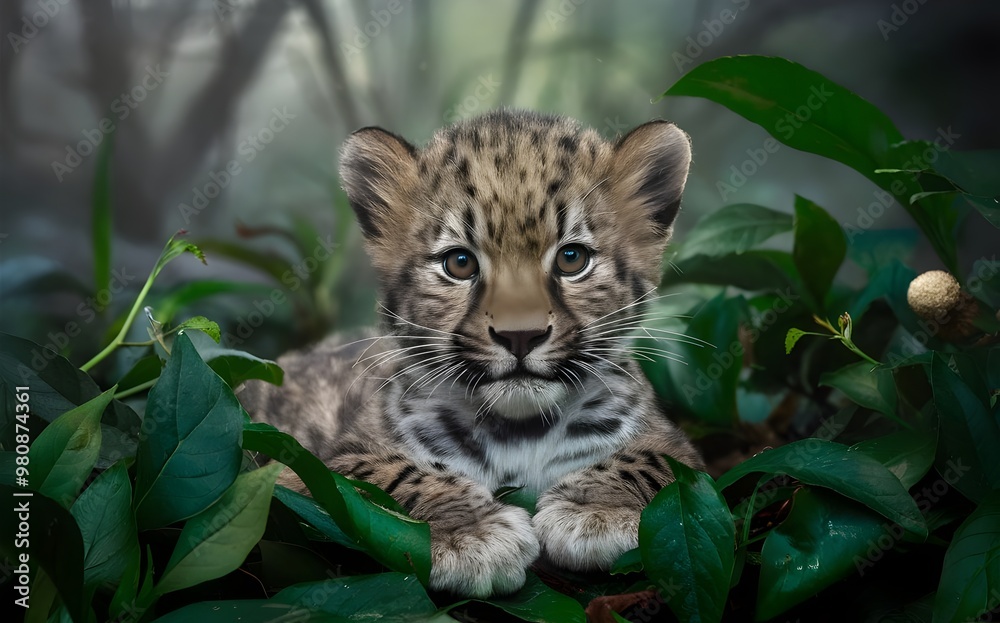 Fototapeta premium A baby leopard with big blue eyes, resting in lush green jungle foliage, looking curiously ahead. 