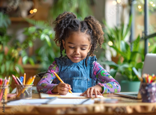 A young girl happily drawing with colored pencils at a table, surrounded by greenery in a cozy, creative environment, emphasizing learning, creativity, and education photo