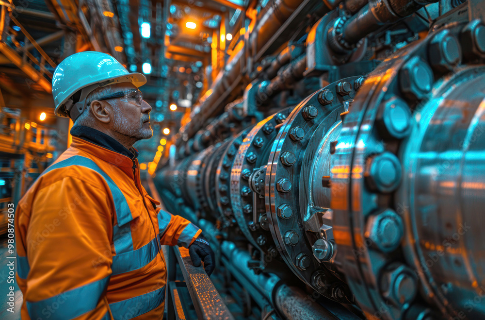 An engineer wearing a hard hat and reflective jacket inspects large machinery in a brightly lit industrial factory. An engineer wearing a hard hat and reflective jacket inspects large machinery in a brightly lit industrial factory.
