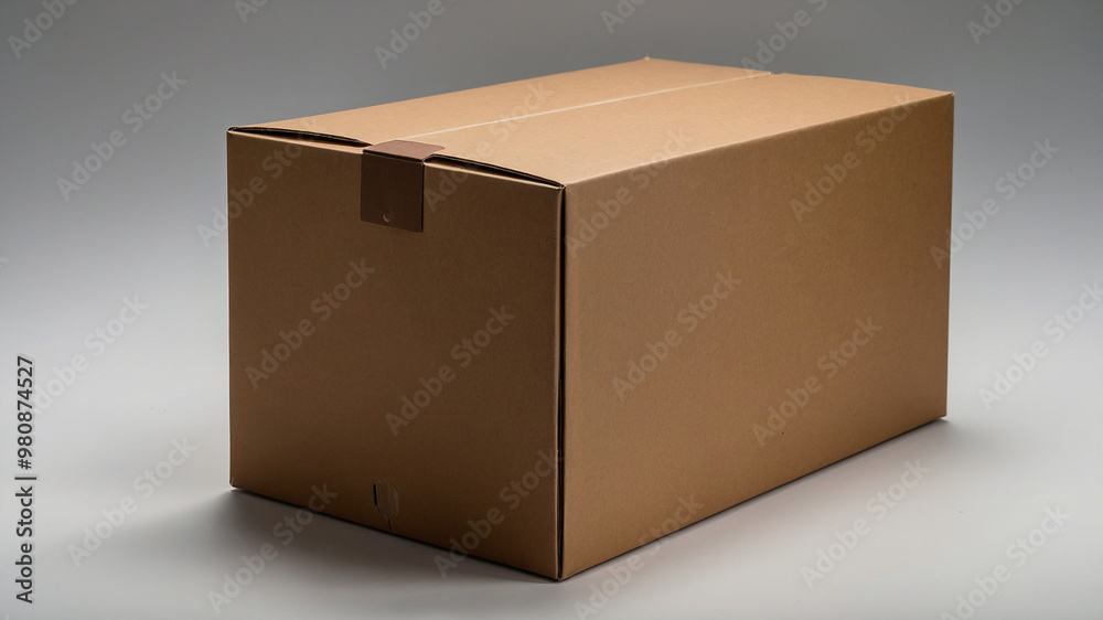 Closed cardboard box lying on a flat brown floor with a partially opened flap in a minimalist setting. Closed cardboard box lying on a flat brown floor with a partially opened flap in a minimalist setting.