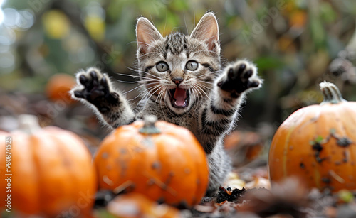 Playful kitten jumping and reaching out among pumpkins in an autumn setting, capturing the joy and energy of fall and Halloween photo