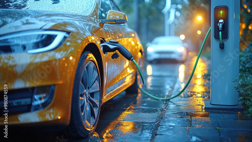 Electric car charging at a public charging station during a rainy evening, emphasizing sustainability, eco-friendly technology, and the future of transportation photo