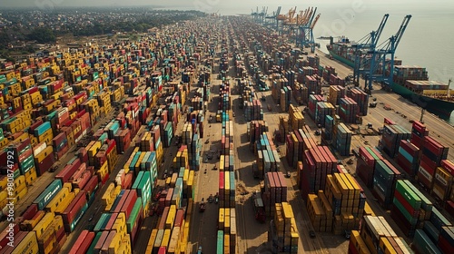 Aerial view of a massive container port with ships and cranes. The containers are stacked high in rows and are all different colors. photo