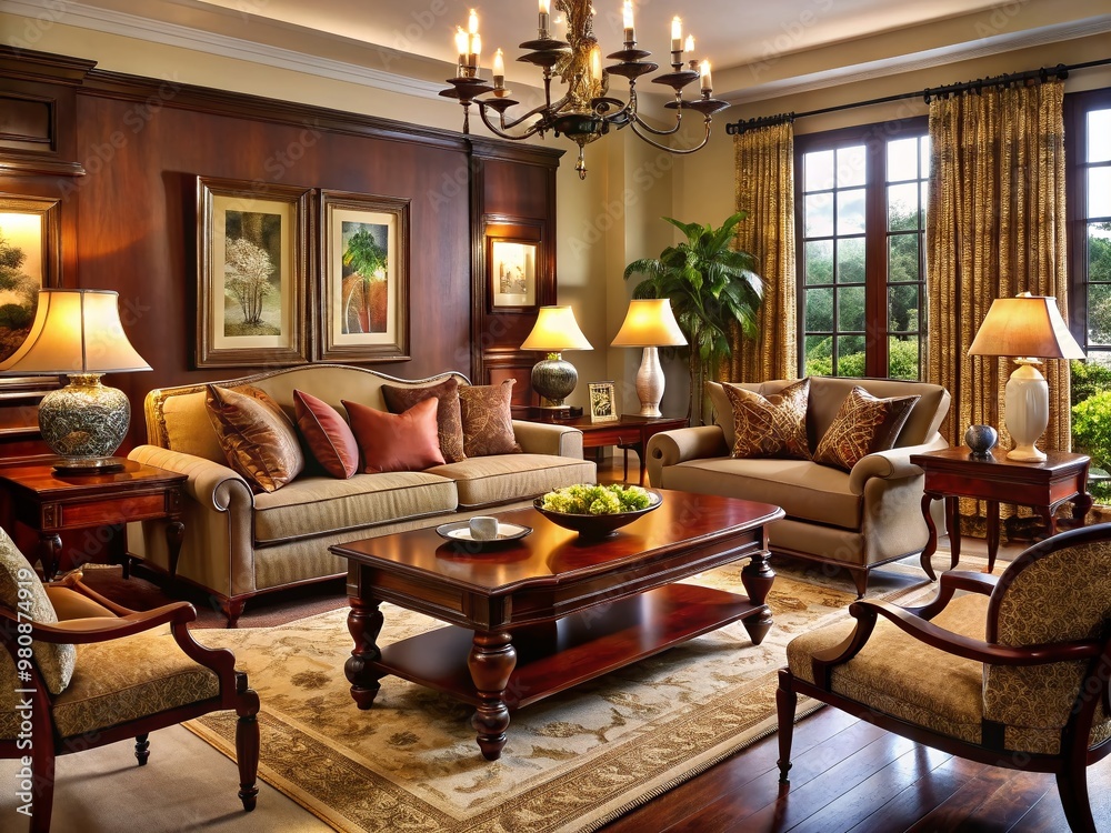 Elegant living room with rich mahogany furniture, warmly lit by table lamps, showcasing sophisticated decorating ideas Elegant living room with rich mahogany furniture, warmly lit by table lamps, showcasing sophisticated decorating ideas
