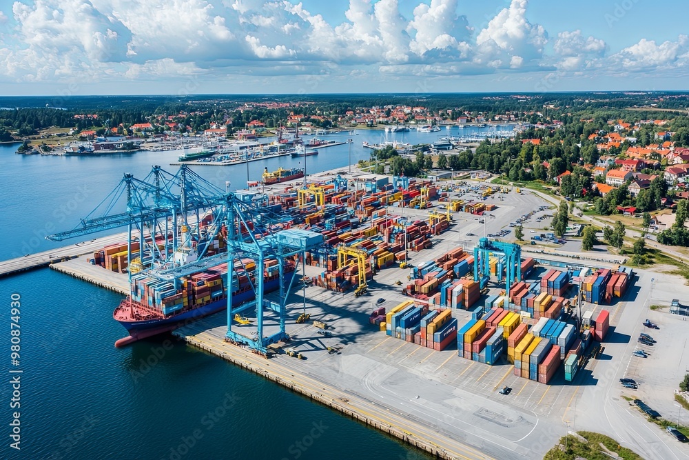 Obraz premium Aerial view of a busy container port with cargo ships, cranes, and containers.