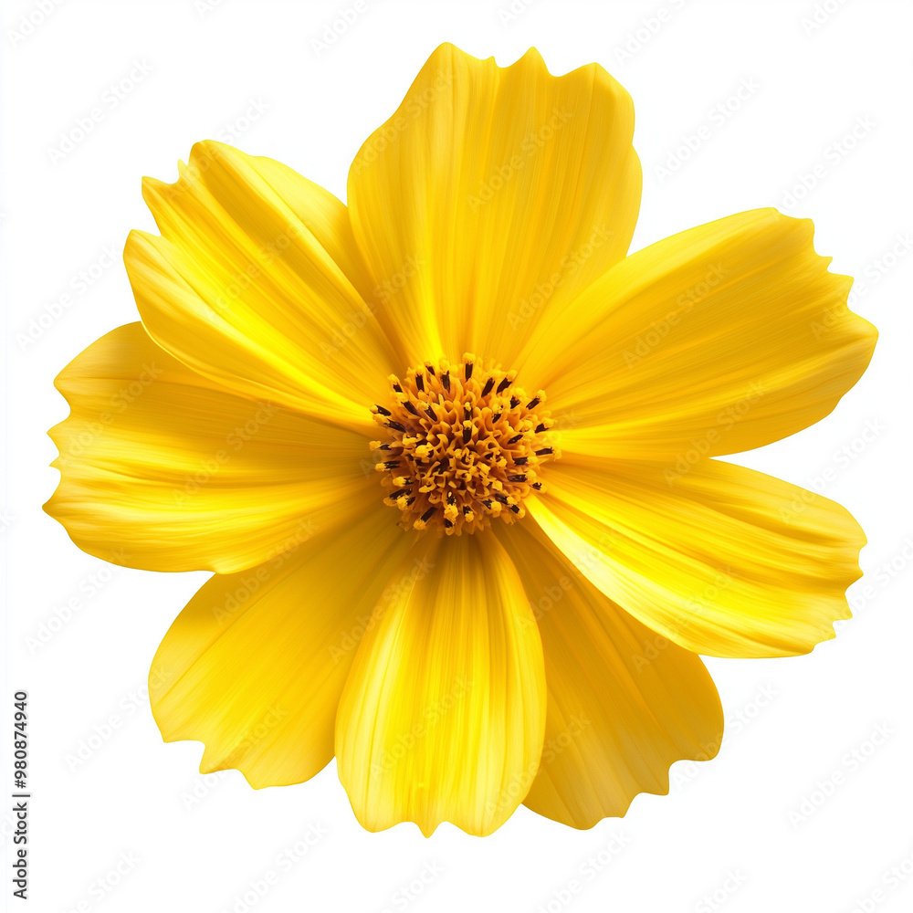 Obraz premium The flower in the picture is Yellow Cosmos, a bright yellow flower commonly found in tropical and subtropical regions. Cosmos flowers are beautiful and are commonly used as ornamental plants.