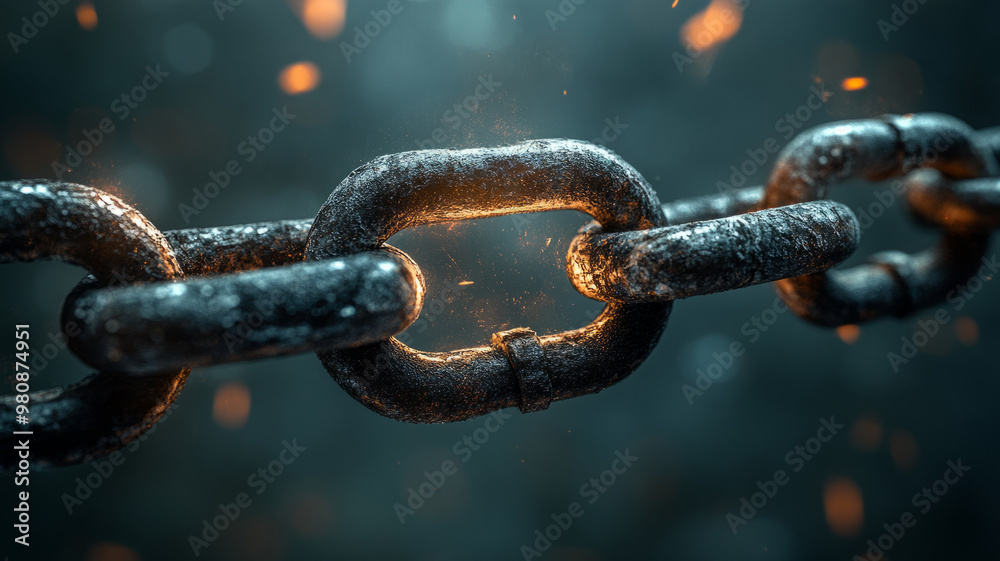 Close-up of a metal chain link with sparks and glowing edges. Close-up of a metal chain link with sparks and glowing edges.
