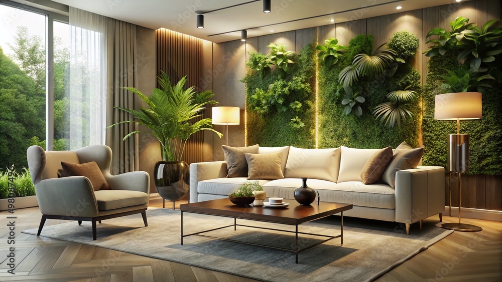 Fototapeta premium Elegant living room with sleek white sofa, velvet armchair, and modern coffee table, surrounded by lush greenery and