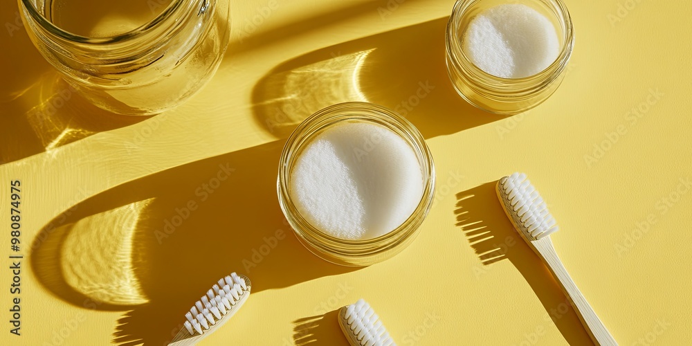 Three glass jars with white powder on a yellow surface next to three bamboo toothbrushes. Three glass jars with white powder on a yellow surface next to three bamboo toothbrushes.