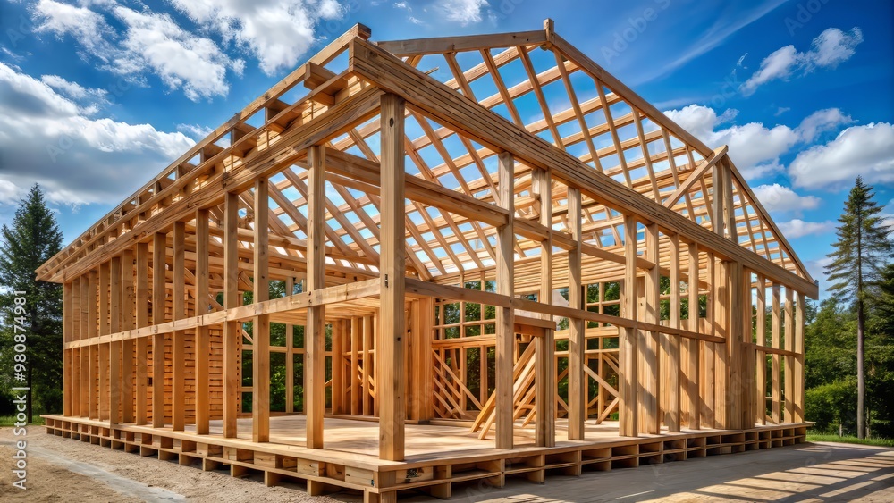 * Intricate wooden framing studs are carefully arranged in perpendicular rows to form a sturdy framework for a * Intricate wooden framing studs are carefully arranged in perpendicular rows to form a sturdy framework for a