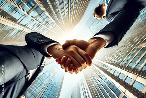 Two business professionals shaking hands from a low-angle perspective, with tall modern office buildings in the background, symbolizing partnership, success, and corporate collaboration