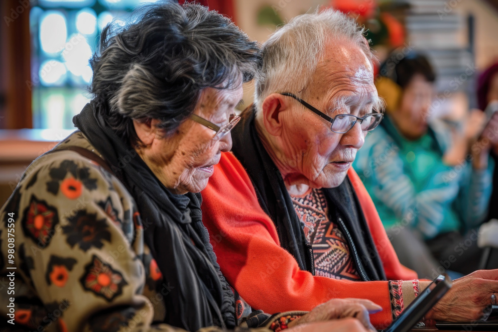 Senior Couple Browsing Laptop in Cozy Living Room with Natural Light Senior Couple Browsing Laptop in Cozy Living Room with Natural Light