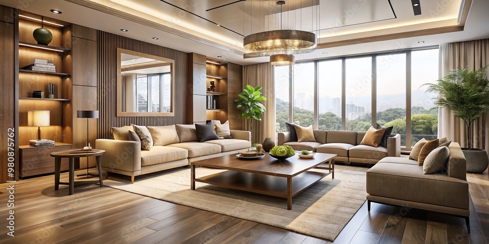 Elegant modern 1214-room interior features sleek wooden furniture, neutral beige walls, and large windows allowing Elegant modern 1214-room interior features sleek wooden furniture, neutral beige walls, and large windows allowing