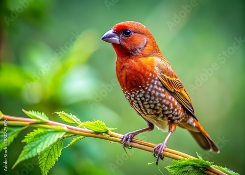 Fototapeta Naklejka Na Ścianę i Meble -  A colorful spice finch rests gracefully on a branch, surrounded by a lush green backdrop, perfectly embodying its
