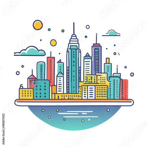 Cityscape with sci-fi elements in a vintage poster style, bold and flat, minimal lines vector art logo design photo