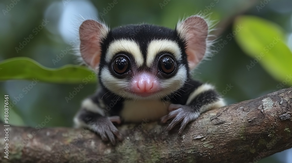 Fototapeta premium A cute, black and white pygmy loris with big, round eyes sits on a branch, staring at the camera.