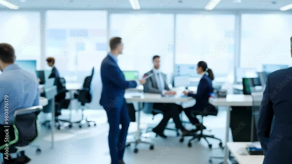 Modern open workspace with diverse team collaborating in a bright office environment Modern open workspace with diverse team collaborating in a bright office environment