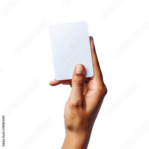 A hand holding empty business card isolated on transparent background, PNG file