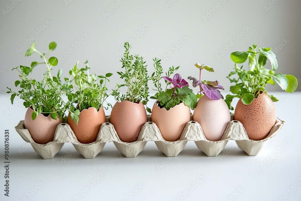 Five small potted herbs in egg shells in a carton on a white background. Five small potted herbs in egg shells in a carton on a white background.