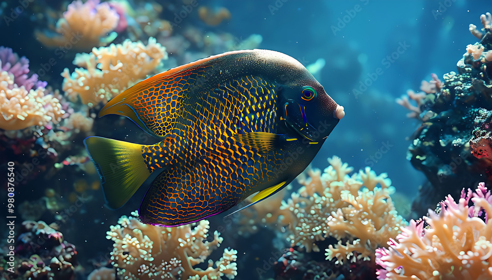 Ornate Angelfish Swimming Through Bright Coral Formations Ornate Angelfish Swimming Through Bright Coral Formations