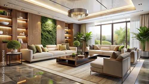 Elegant modern living room with sleek lines, cream-colored walls, and lush greenery, showcasing impeccable taste and