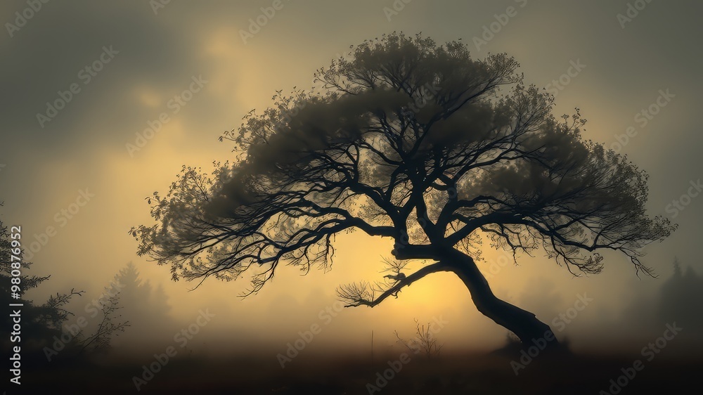 A dimly lit, misty forest glade at dawn features a solitary tree suspended in a veil of grey A dimly lit, misty forest glade at dawn features a solitary tree suspended in a veil of grey